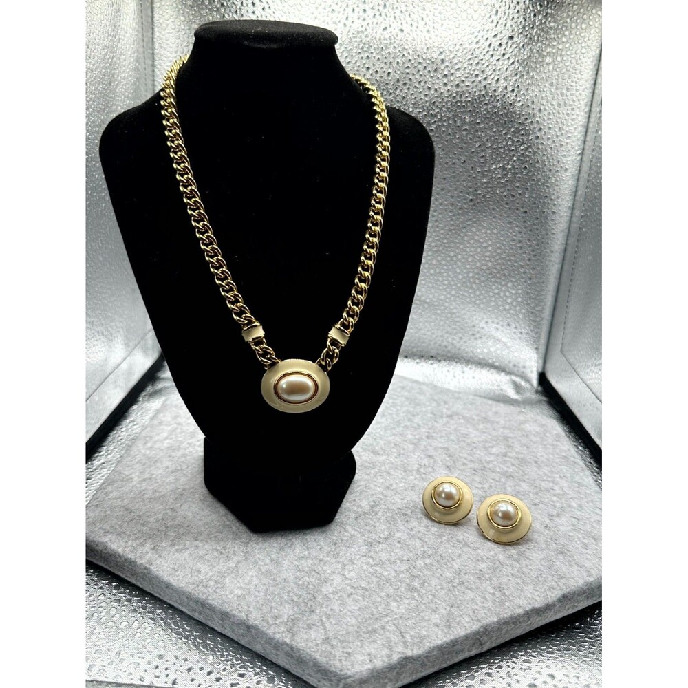 Vintage Monet Gold Tone Faux Pearl Cream Enamel Necklace Clip Earrings Set